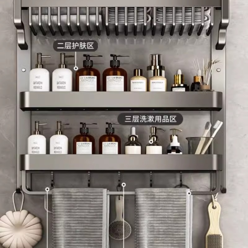 Towel rack, bathroom storage, no need for drilling, bathroom storage with pole, space aluminum thickened bath towel rack, double-layer wall-mounted Application Scenario
