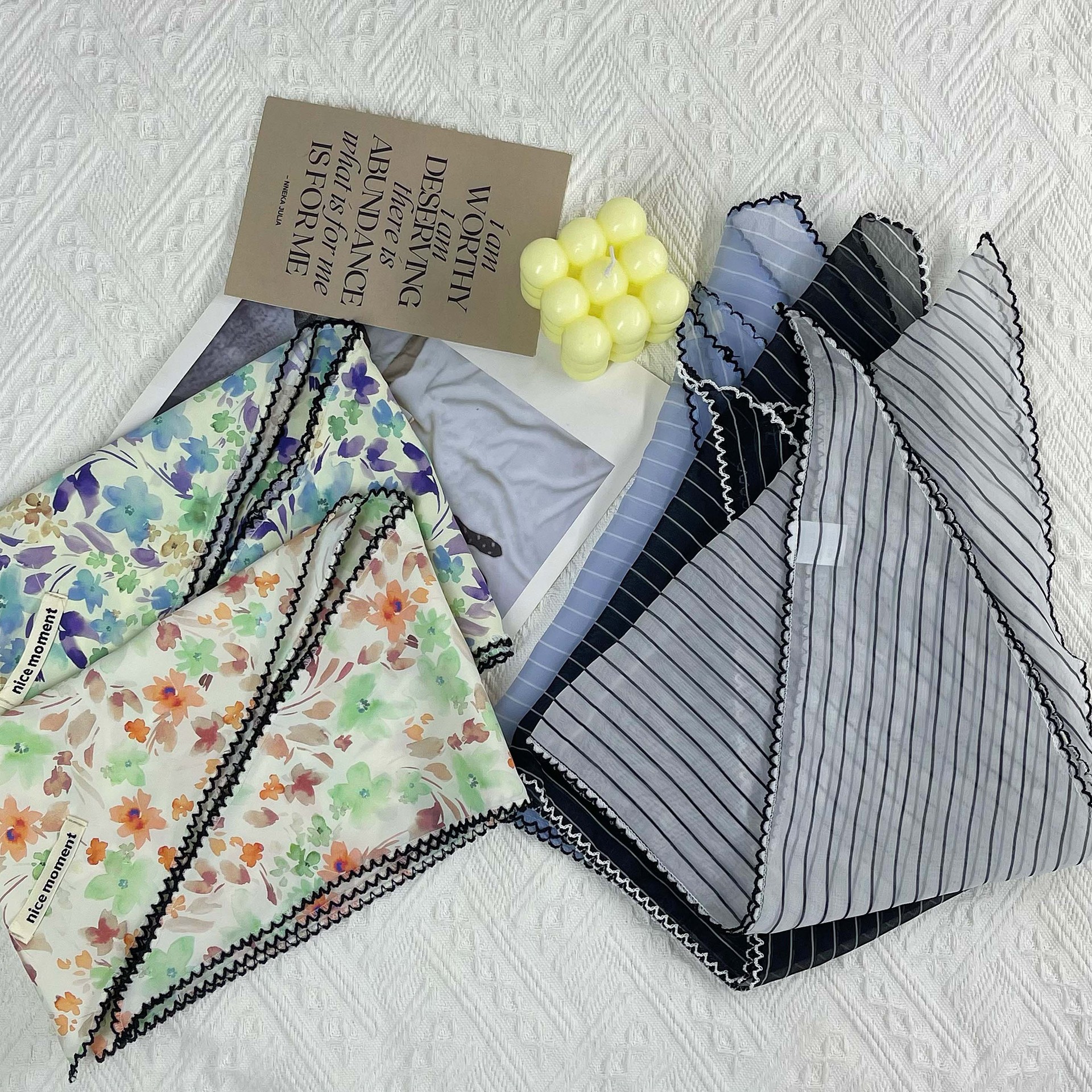 头巾夏女田园韩系多功能时髦防晒透气波点丝巾条纹三角巾围脖头巾