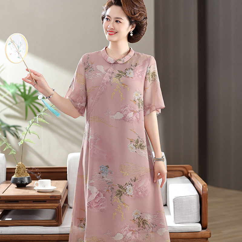 中年妈妈夏装连衣裙时尚高贵夫人改良旗袍裙中老年女装新中式裙子