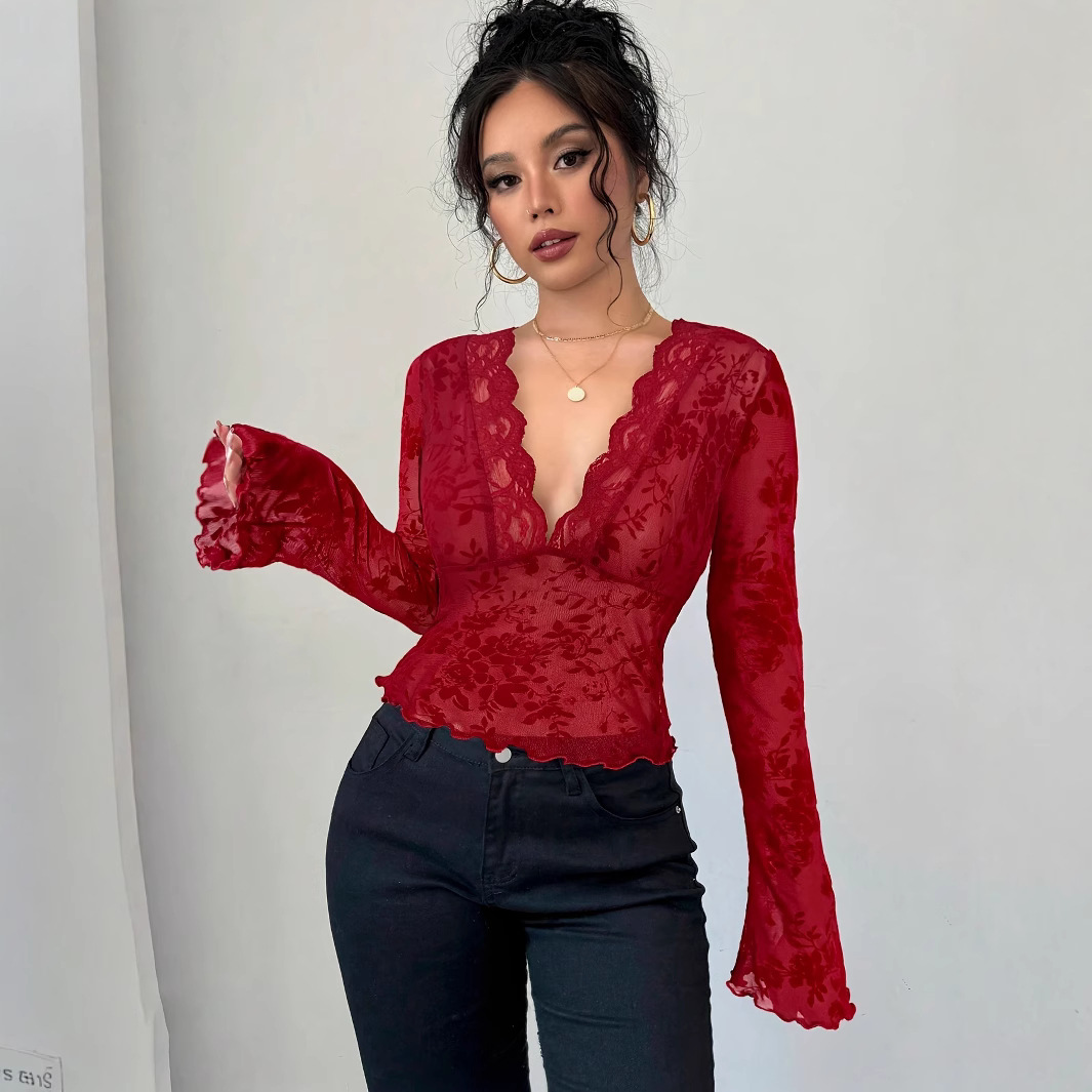 New V-neck lace patchwork fabric flared sleeve T-shirt top for women from Amazon, Europe and America, Spring 2025 Specification drawing