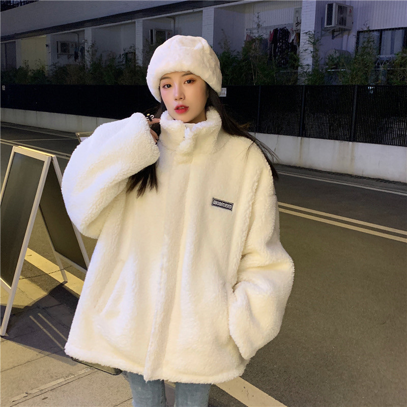 2021新款韩版时尚宽松卫衣女小个子棉服羊羔毛毛绒短外套秋冬女装图