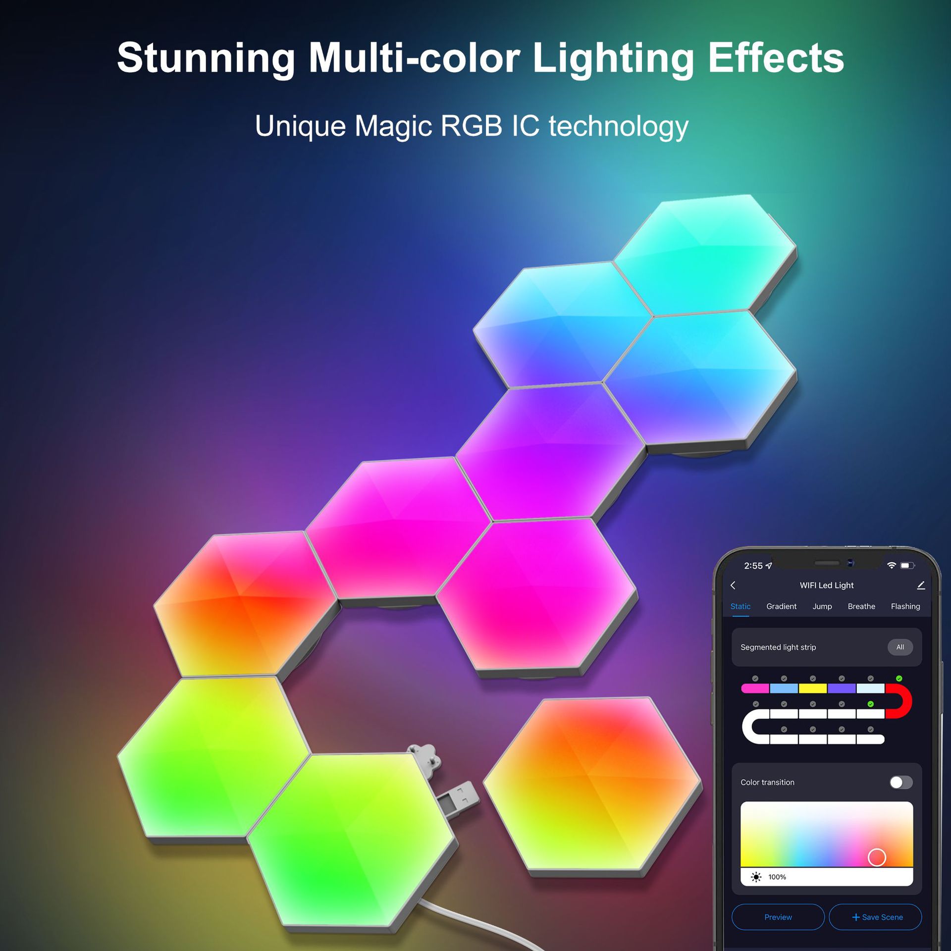 E-sports atmosphere light, smart odd light board background wall, quantum light, voice-controlled sensing, APP remote control, honeycomb bedroom wall lamp Specification image