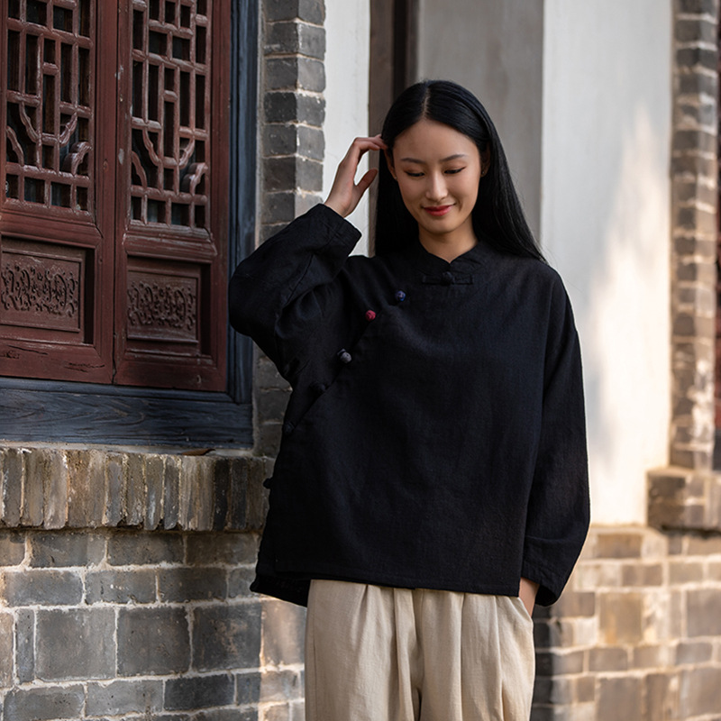 2023 Autumn New Retro National Style Color Plate Buckle Stand Collar Sand Washed Ramie Shirt Shirt Work Dress Women's Tea details Picture