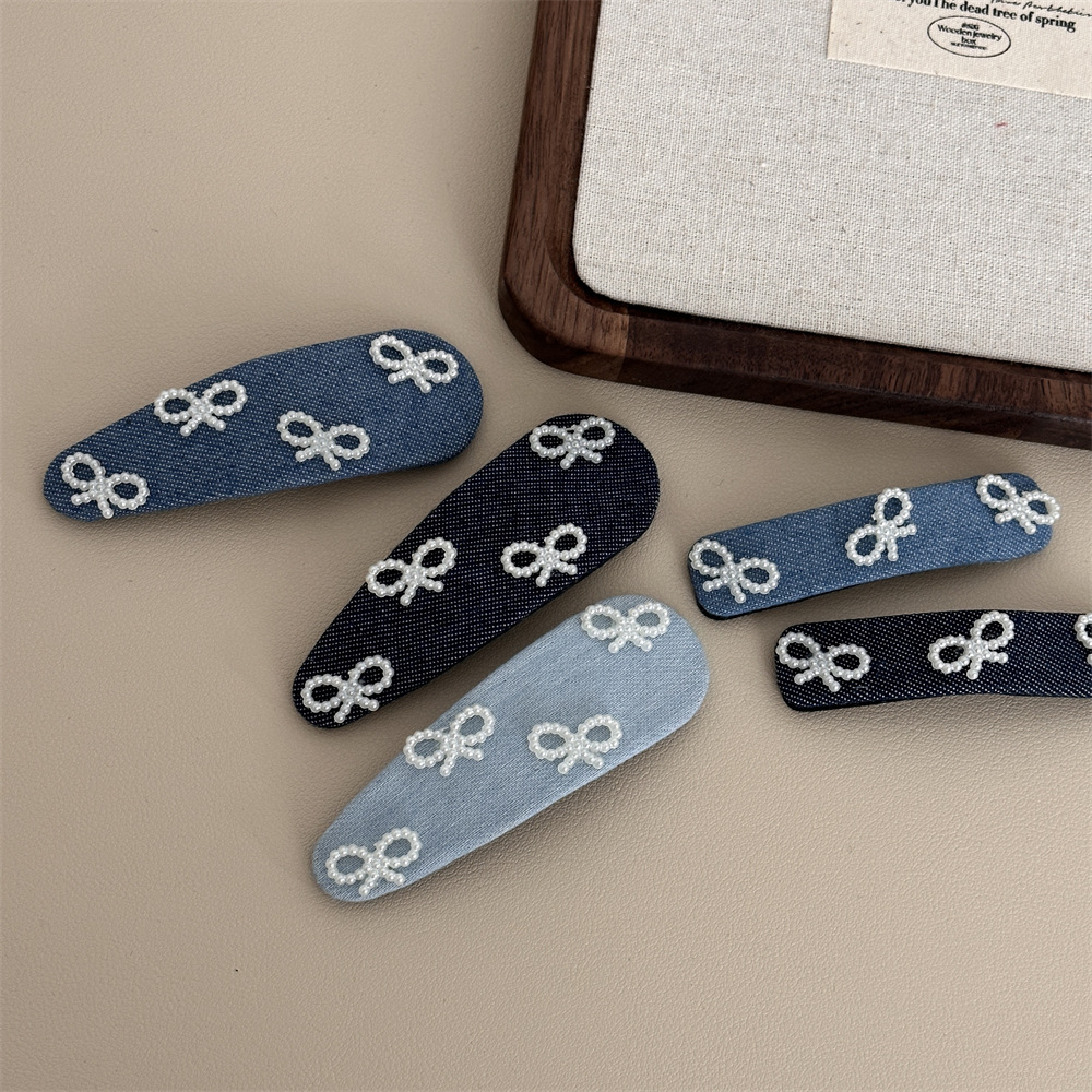 Denim pearl hair clips, Korean high-end style, side fabric hair clips for women, versatile headwear, hair clips, hair accessories details Picture