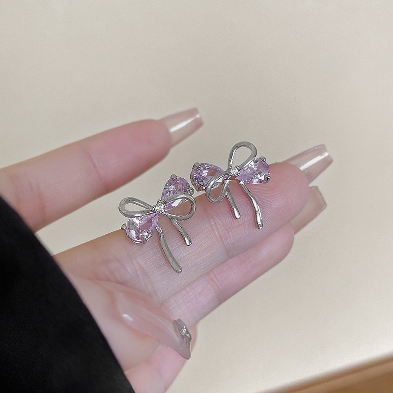 S925 Silver Needle pink Zircon bow stud earrings, a high-end, niche and stylish bestseller, sweet and cool style earrings