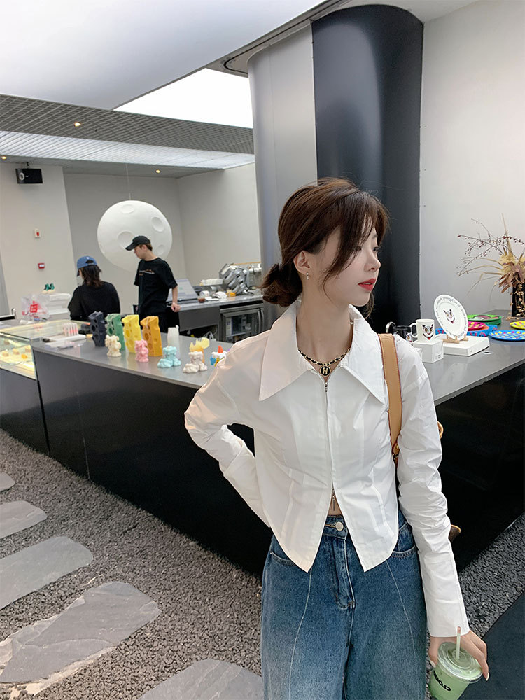 法式气质拉链白色衬衫女春季设计感短款别致上衣内搭打底长袖衬衣