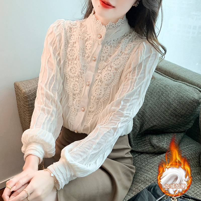 2022 Autumn/Winter new style fleece high-neck lace shirt chiffon shirt top, elegant base layer, fairy