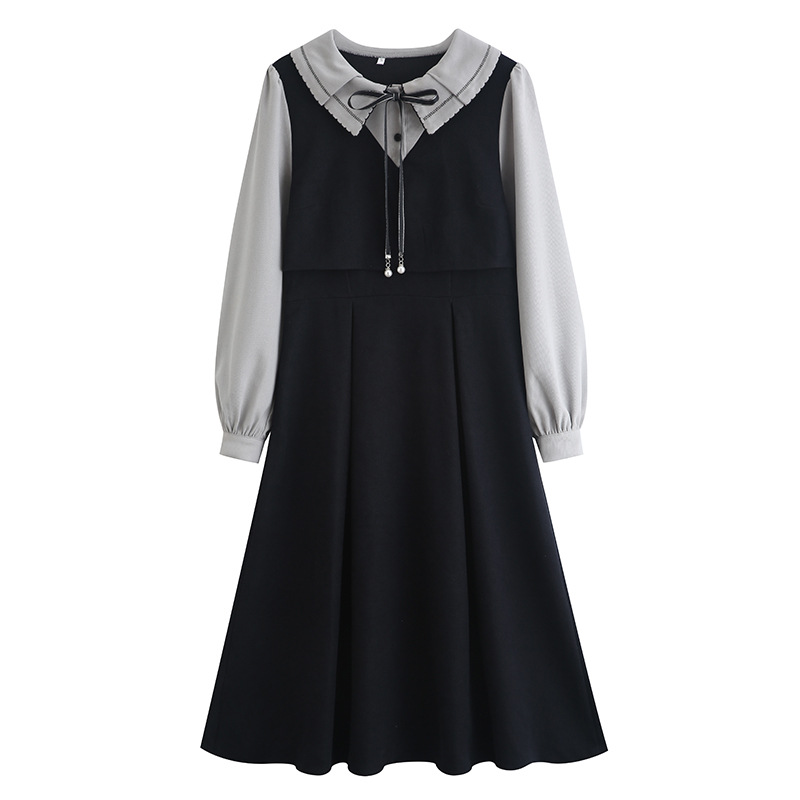 The 2024 autumn new French retro style, gentle, waist-cinching and slimming faux two-piece dress HUA9022 Item Picture