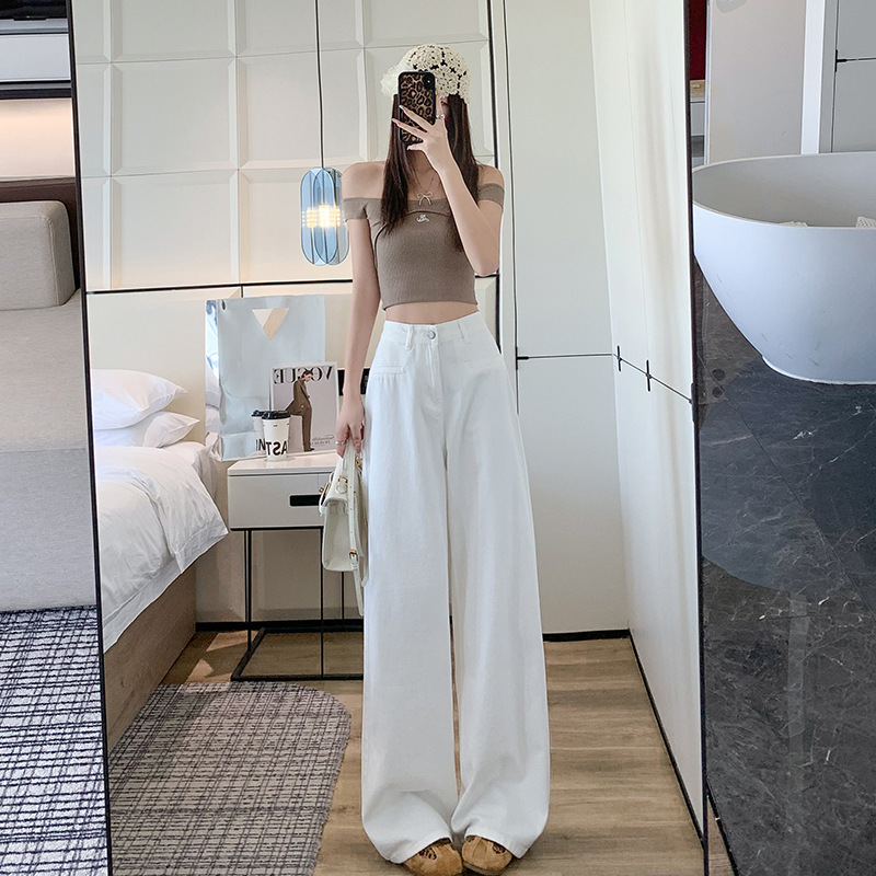 包邮白色牛仔裤女年春夏新款高腰宽松显瘦窄版直筒阔腿拖地长裤子