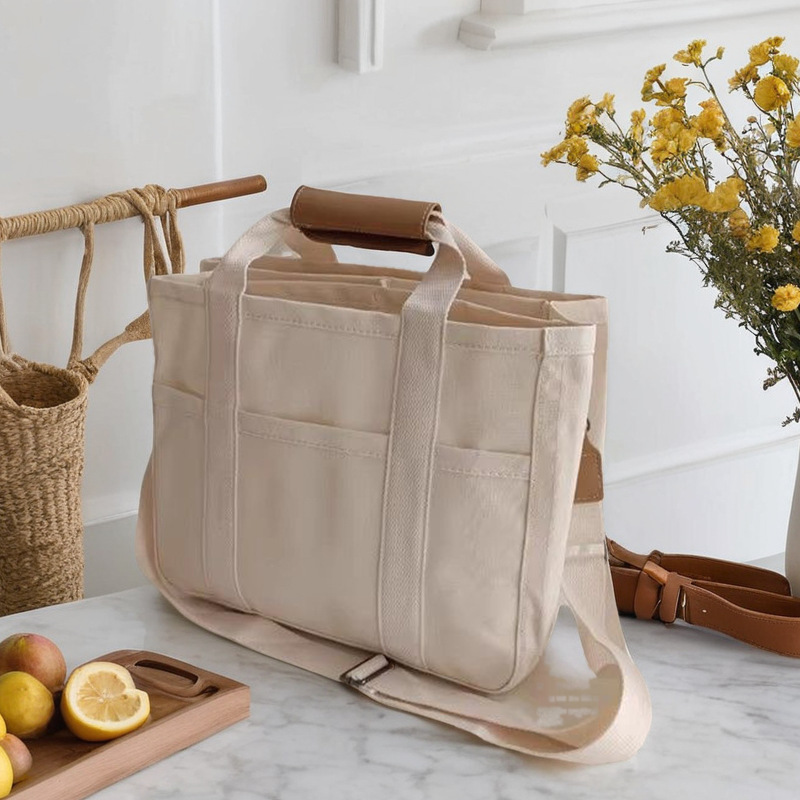 跨境多分格母婴帆布妈咪包外出帆布包手提斜款包简约托特包