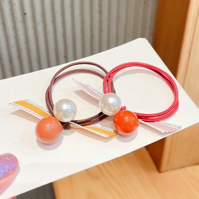 Korean Version Of Spring Beads Pearl Hair Band Streamer Hair Rope Adult Leather Band High Elastic Ponytail Leather Set Fashion Hair Rope details Picture