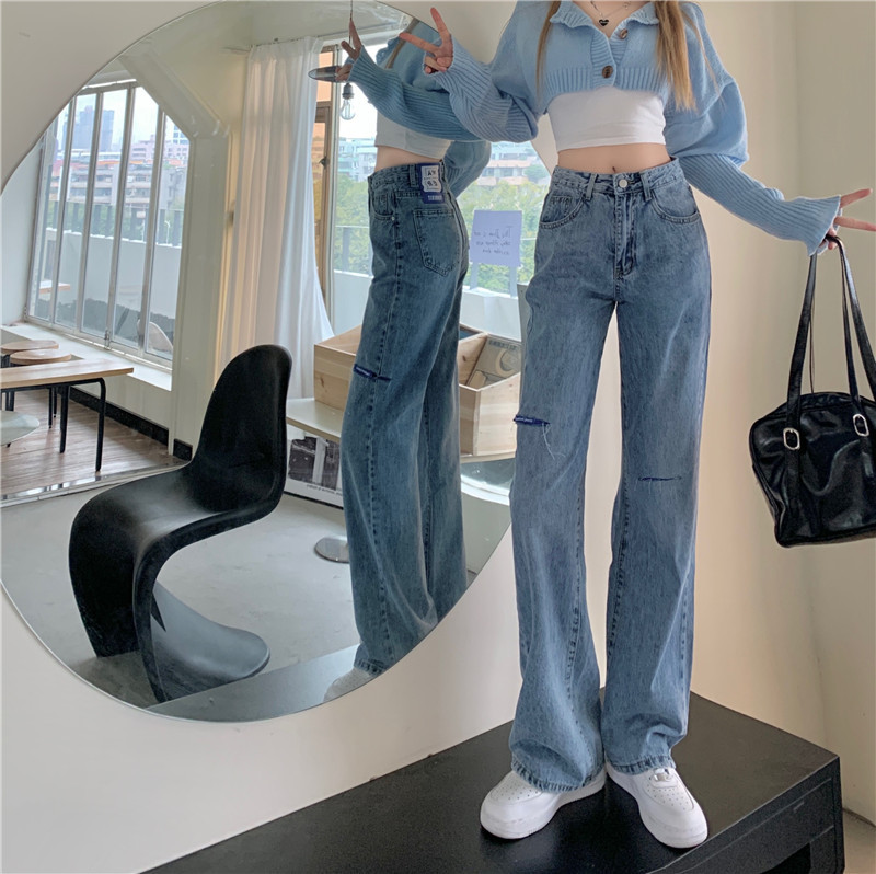 Ripped jeans for women's summer 2022 new design, high-waisted and slimming wide-leg pants, ins style straight-leg long pants Specification image