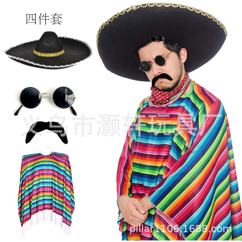 Mexican colorful striped cape fringe cape set festive non-woven lace hat beard cigar cape Item Picture