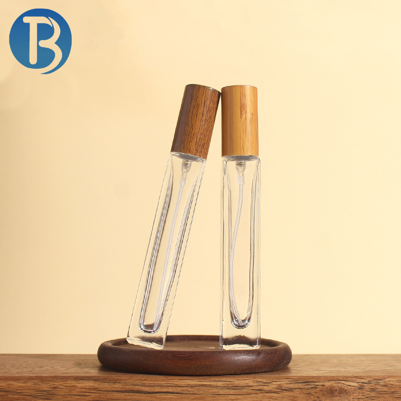 10ml perfume sample bottles in stock, with wood and bamboo grain caps, hexagonal press-type transparent glass spray bottles details Picture