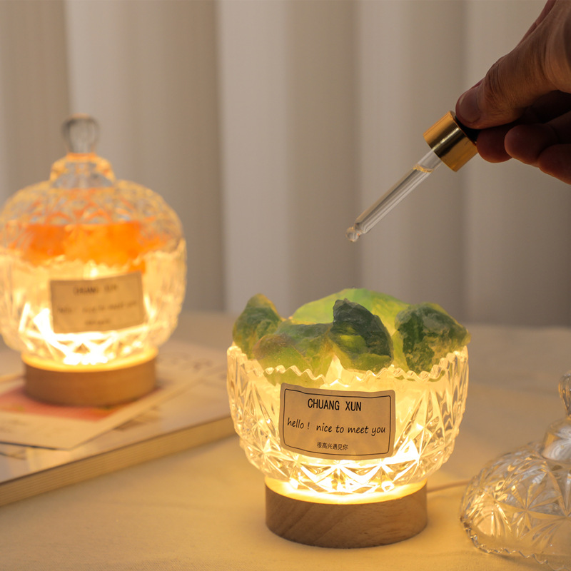 Flameless aroma diffuser stone, aroma diffuser stone cup, souvenir table, night light, gift ornament, natural orange salt stone, crystal stone details Picture