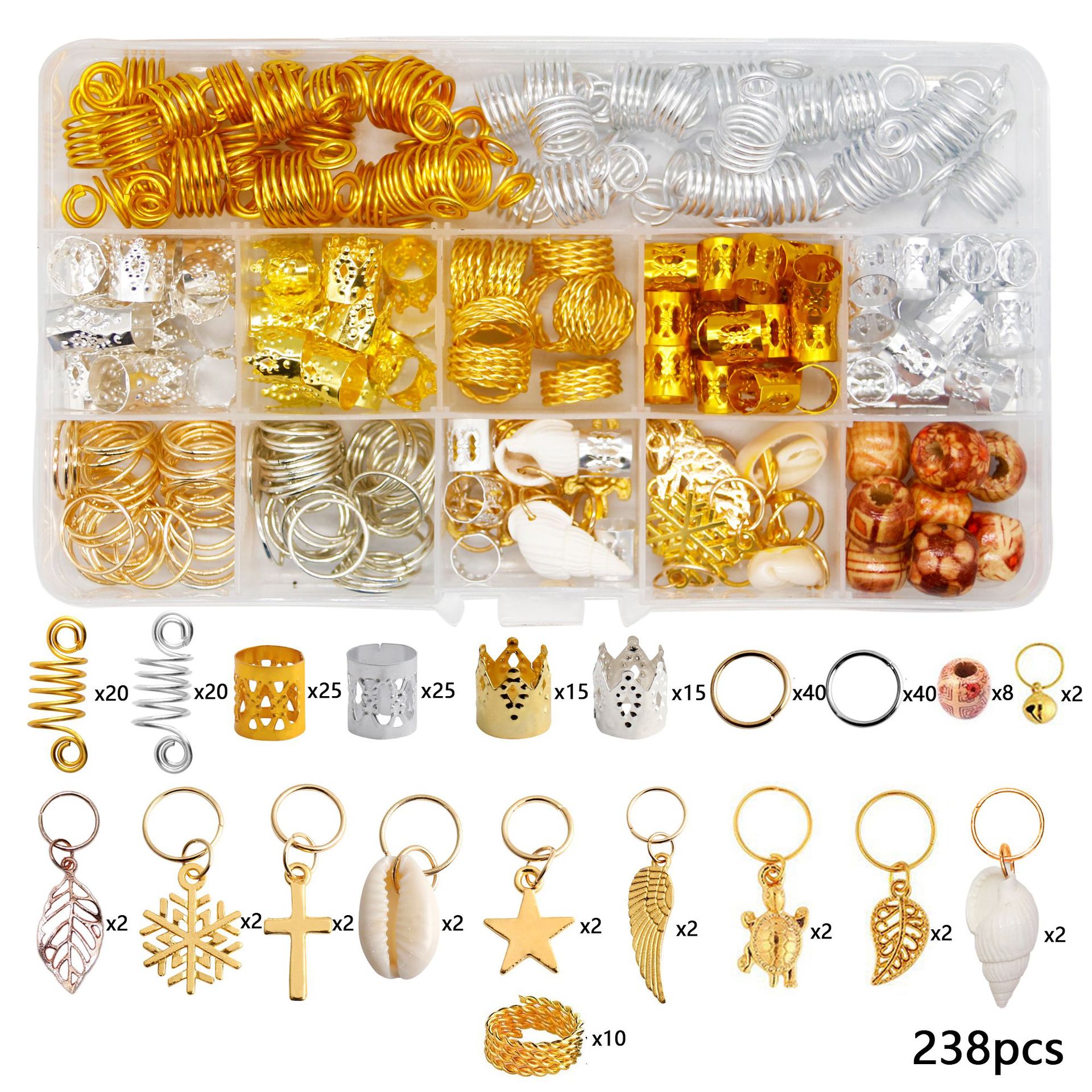 238pcs Ketel Accessories African dreadlocks Wig Accessories Gold and Silver Crowns Snowflake Wood Beads Shell Conch Box set