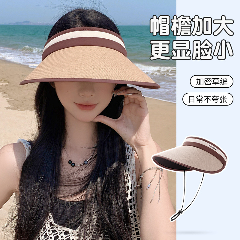 新款防晒帽子女夏季防紫外线黑胶大檐草编织帽户外旅游空顶遮阳帽
