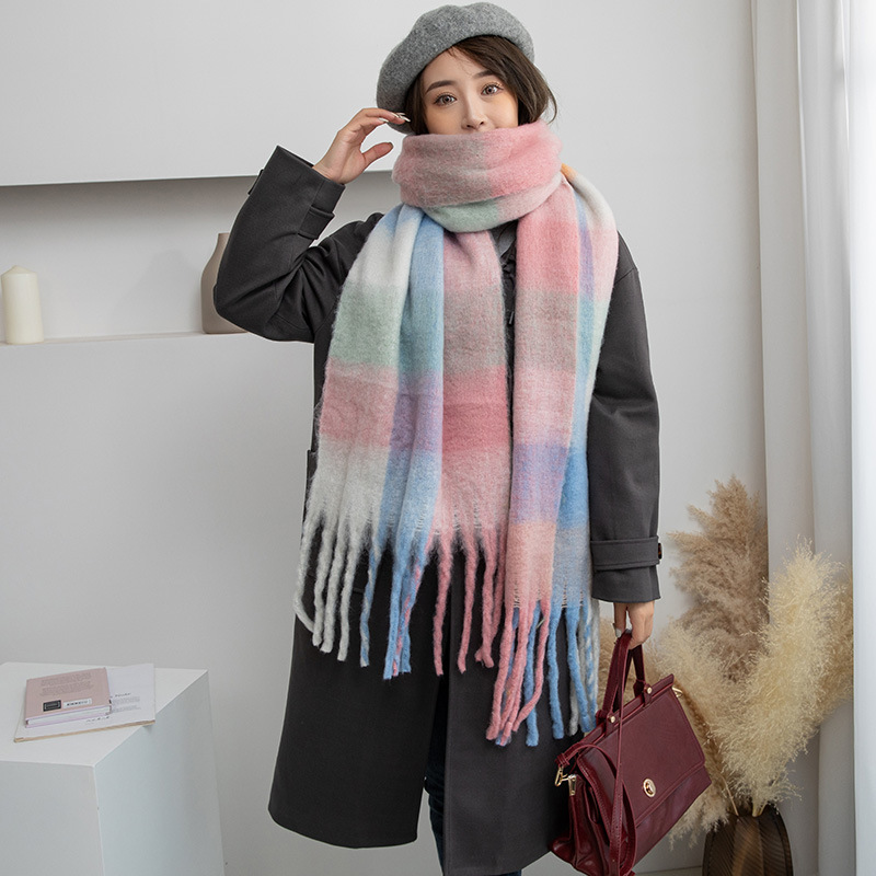 Ac Tassel Scarf Blue Pink Plaid Scarf Winter Girls Feel Pink Plaid Imitation Cashmere Bib Cold Cape Application Scenario