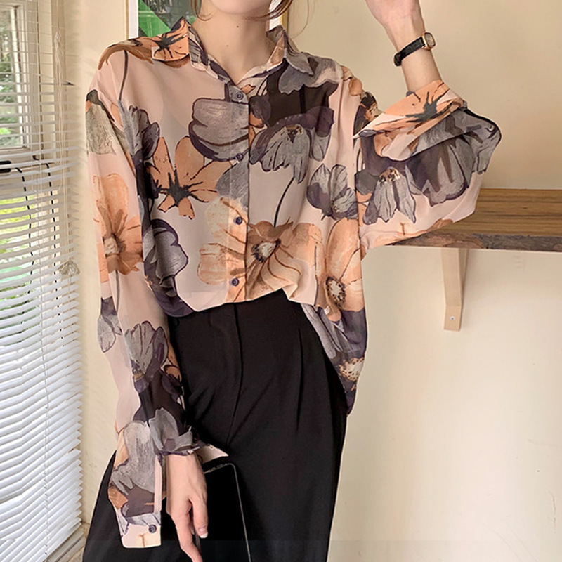 Floral chiffon shirt for women's summer, a thin French retro design top, a light long-sleeved sun-protective shirt Specification image