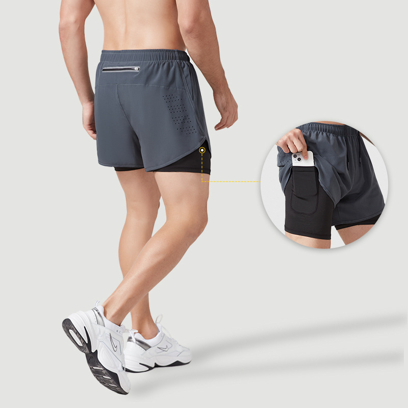 夏季运动短裤男速干透气双层防走光假两件训练三分裤健身跑步短裤