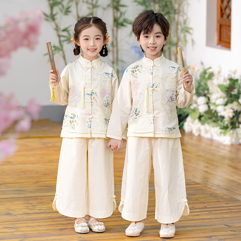 国潮女童春秋款唐装马面裙子2025新款春装男童汉服古风套装新中式礼服