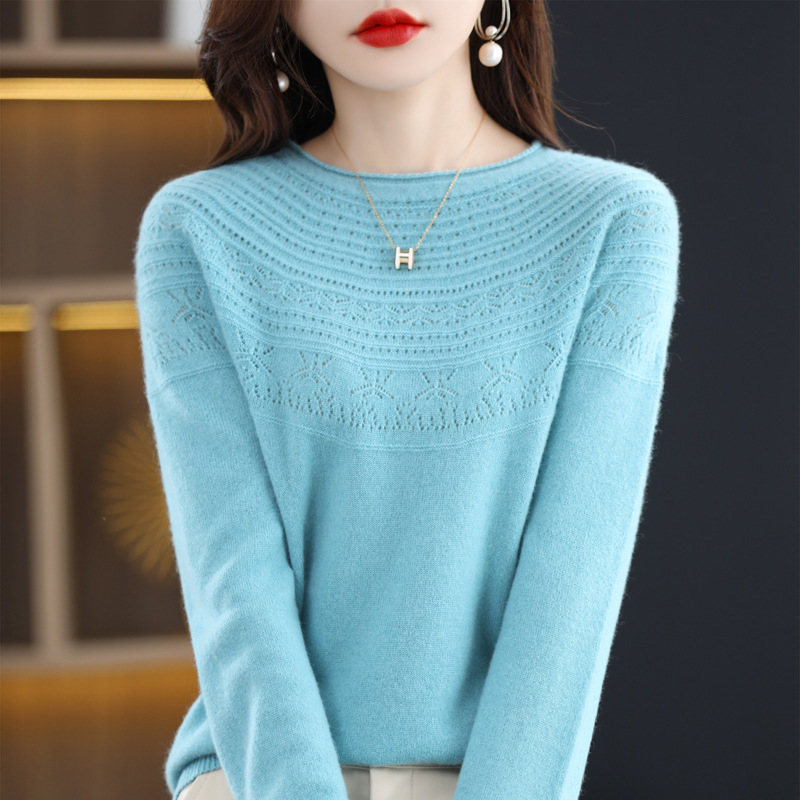 Seamless one-piece ready-to-wear 24 autumn/winter new wool sweater for women with round neck, rolled-up edge and cut-out knitting, 100% wool base Specification image
