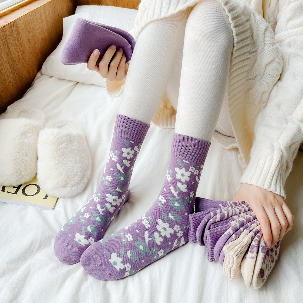 Ladies' dreamy purple warm thickened loop socks, floor socks, mid-calf socks for autumn and winter, towel socks wholesale