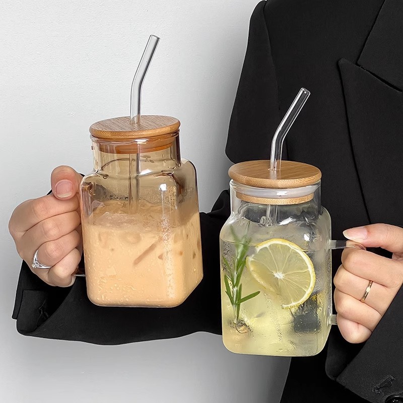 ins风大容量吸管玻璃杯高颜值家用简约水杯网红奶茶牛奶果汁杯