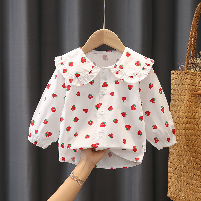 Long-sleeved girls' shirts, 0-1-2-3-4 years old, spring clothes for baby girls, spring and summer base, children's tops, cotton 5