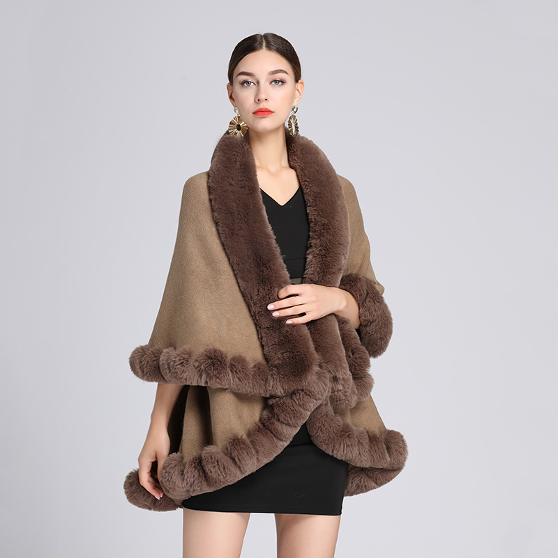 807# Europe And The United States New Autumn-Winter Imitation Rex Rabbit Fur Collar Cape Lady Large-Size Knitted Cardigan Loose Coat Woman