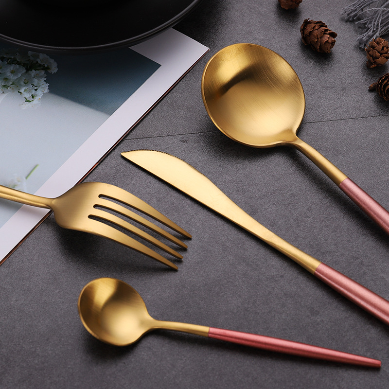 Portuguese 304 stainless steel knife, fork and spoon tableware, Amazon thickened gold matte brushed Western steak knife and fork details Picture