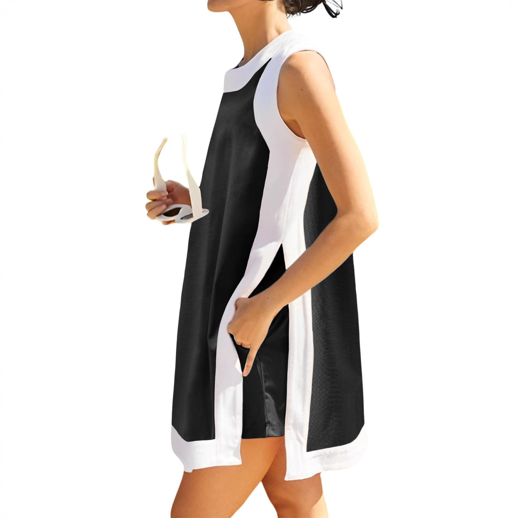 Amazon women's split two-piece set, Bohemian color block sleeveless mini skirt with shorts and pockets Item Picture