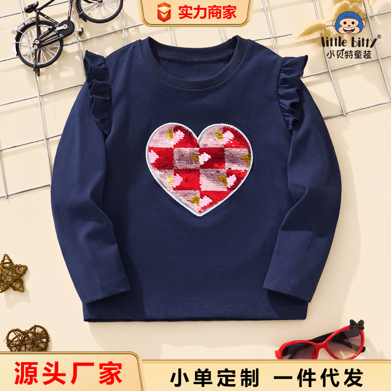2024新品女童长袖T恤女宝宝秋冬卡通爱心珠片童装上衣儿童打底衫