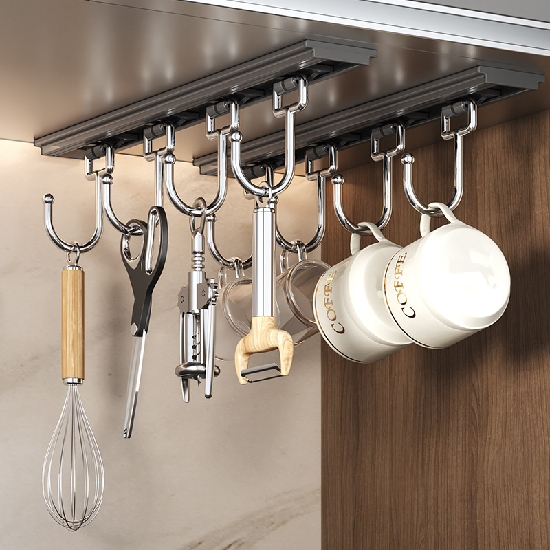 Non-drilling kitchen hook rack, wall-mounted black space aluminum kitchenware, spoon and spatula hanging rack, storage rack full figure