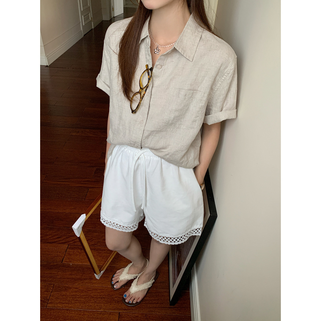 GAGD linen short-sleeved shirt for women, summer design, old money style, versatile, commuting, casual and elegant shirt