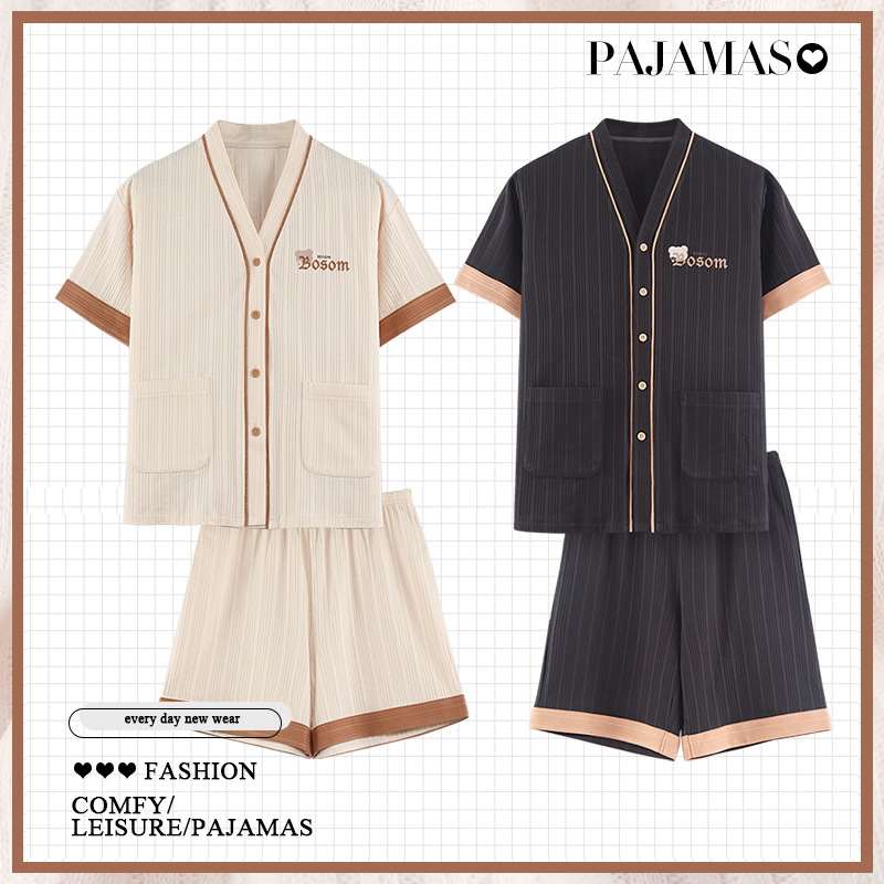 Couple pajamas, women's summer thin all-cotton short-sleeved Japanese kimono, cute cartoon skin-friendly men's simple home wear