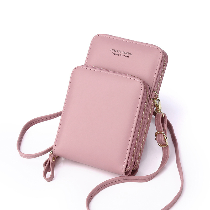 Factory direct sales of large-capacity mobile phone bags, solid-color crossbody bags, double-zipper PU leather fashionable single-shoulder bags, simple and fashionable Specification image