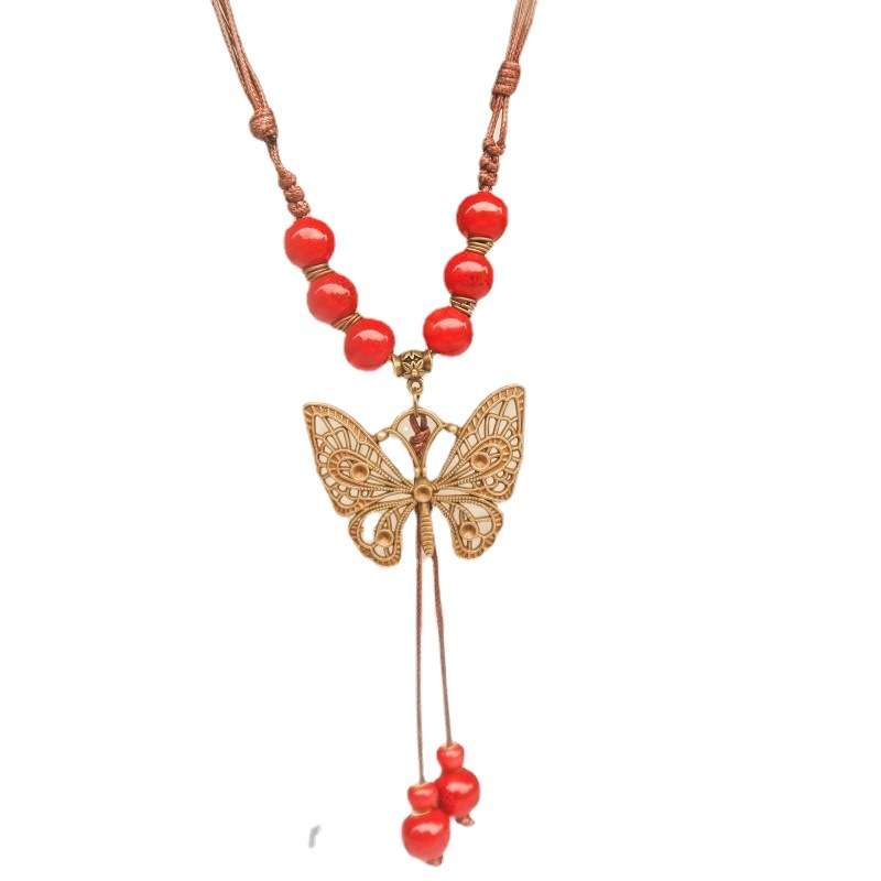 Wholesale of Guifei Butterfly Ethnic Style ceramic long sweater Chain, women's ancient style pendant, retro Chinese style butterfly necklace Item Picture