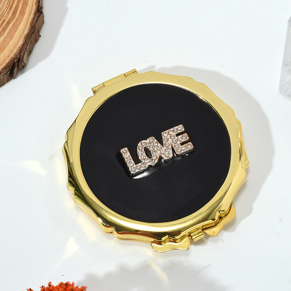 Custom-made folding makeup mirror, round LOVE sparkling diamond portable mini mirror, girls' touch-up mirror when going out Item Picture