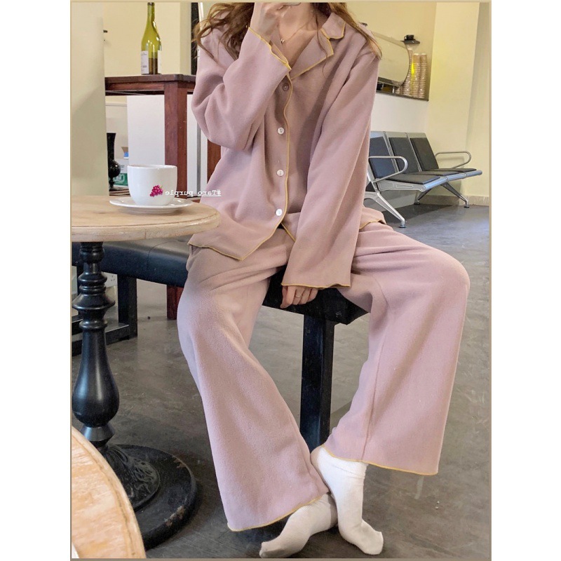 2022 Taro Paste/Cold Ash Warm Color Polar Fleece Small Special Autumn And Winter Pajamas Home Wear Two-Piece Set details Picture
