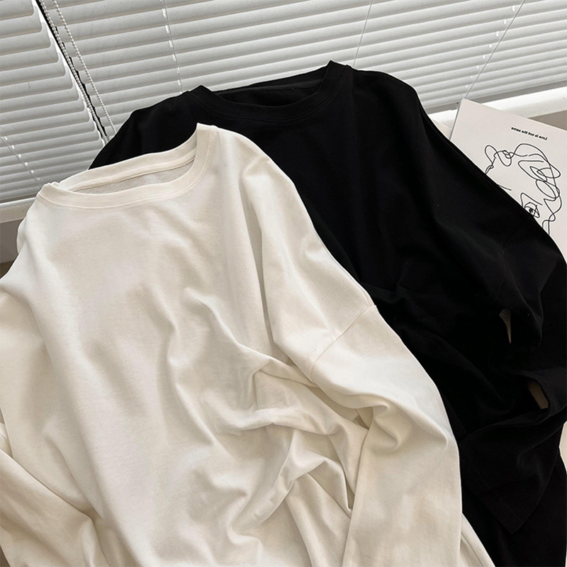 纯色宽松圆领女式长袖T恤韩版2022春新款不规则褶皱设计感打底衫