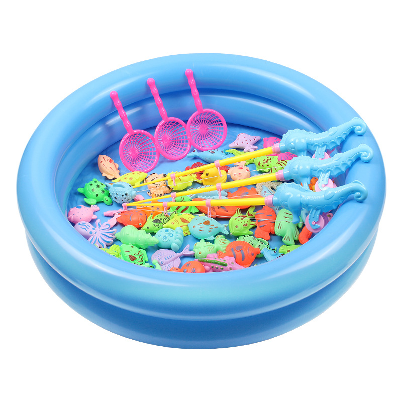 Children's magnetic fishing toy pool set, inflatable summer outdoor water play toys, parent-child play fishing pool Item Picture