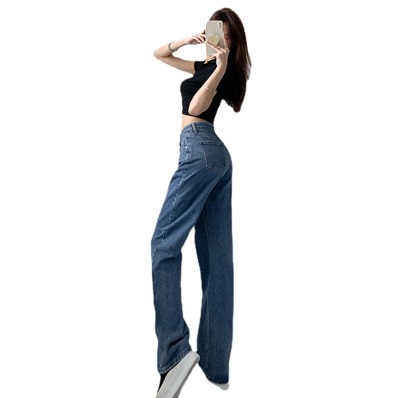 牛仔裤女直筒/尾货/闊腿牛仔褲女/牛仔/牛仔裤女高腰百搭白底实物图