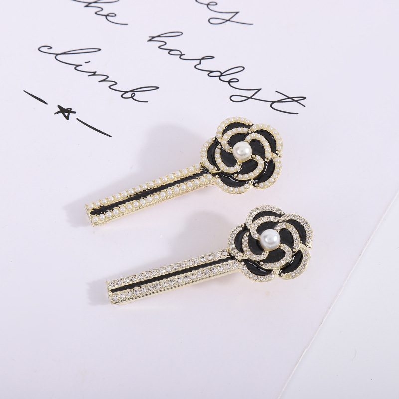 时尚复古滴油珍珠花朵一字发夹 气质发饰潮头饰边夹后脑勺一字夹图