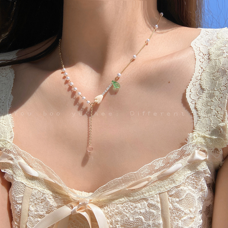 森系珍珠花朵流苏项链女夏天轻奢小众设计锁骨链高级感精致颈链图