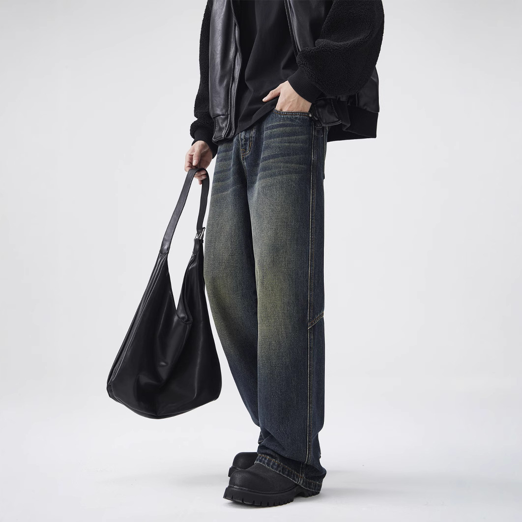 CD Trendy American high street retro jeans for men, loose straight-leg slightly flared casual pants, 2024 Autumn New Style