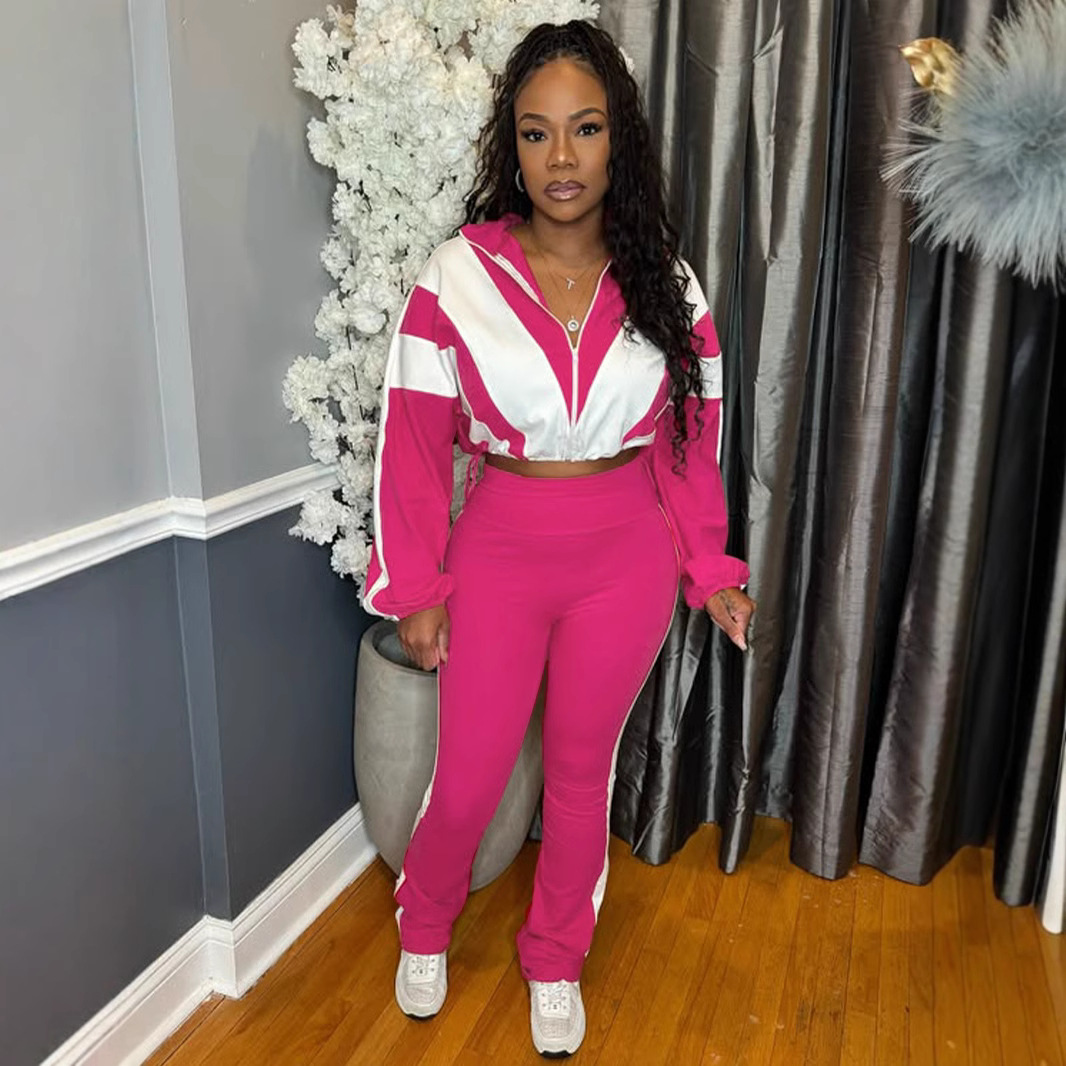 A two-piece set of sportswear and casual pants with elastic band buttons, a cinched waist, and color block patchwork and contrasting colors Specification drawing