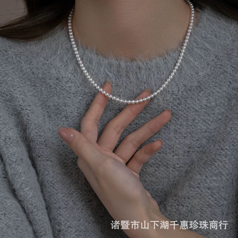 诸暨天然淡水珍珠3-4mm项链S925银极强光小米链baby链半成品可diy