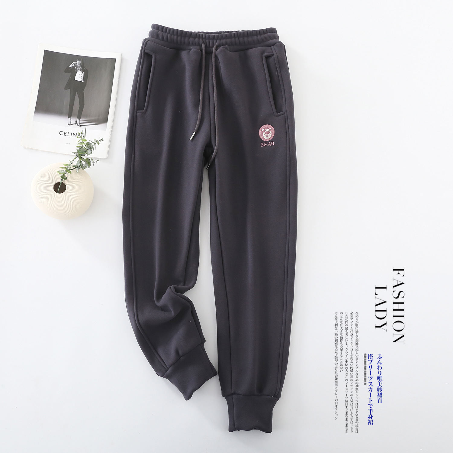 Spring and autumn new style of versatile outerwear embroidered strawberry bear sportswear pants for women, large-sized slimming, windproof and tight-fitting sweatpants wholesale Specification image