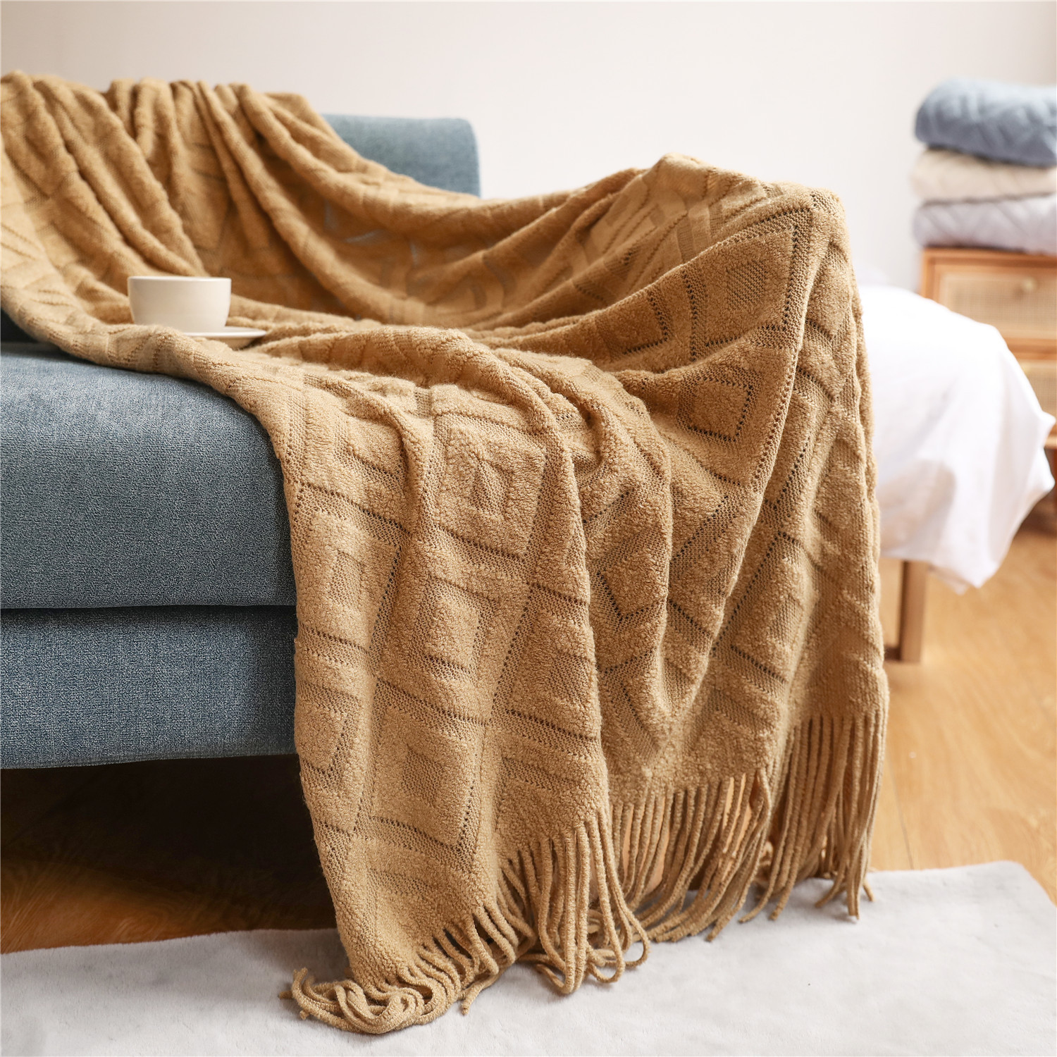 沙发毯盖毯毛毯 针织毯办公室午睡毯提花小毯子美式搭毯线毯产品图